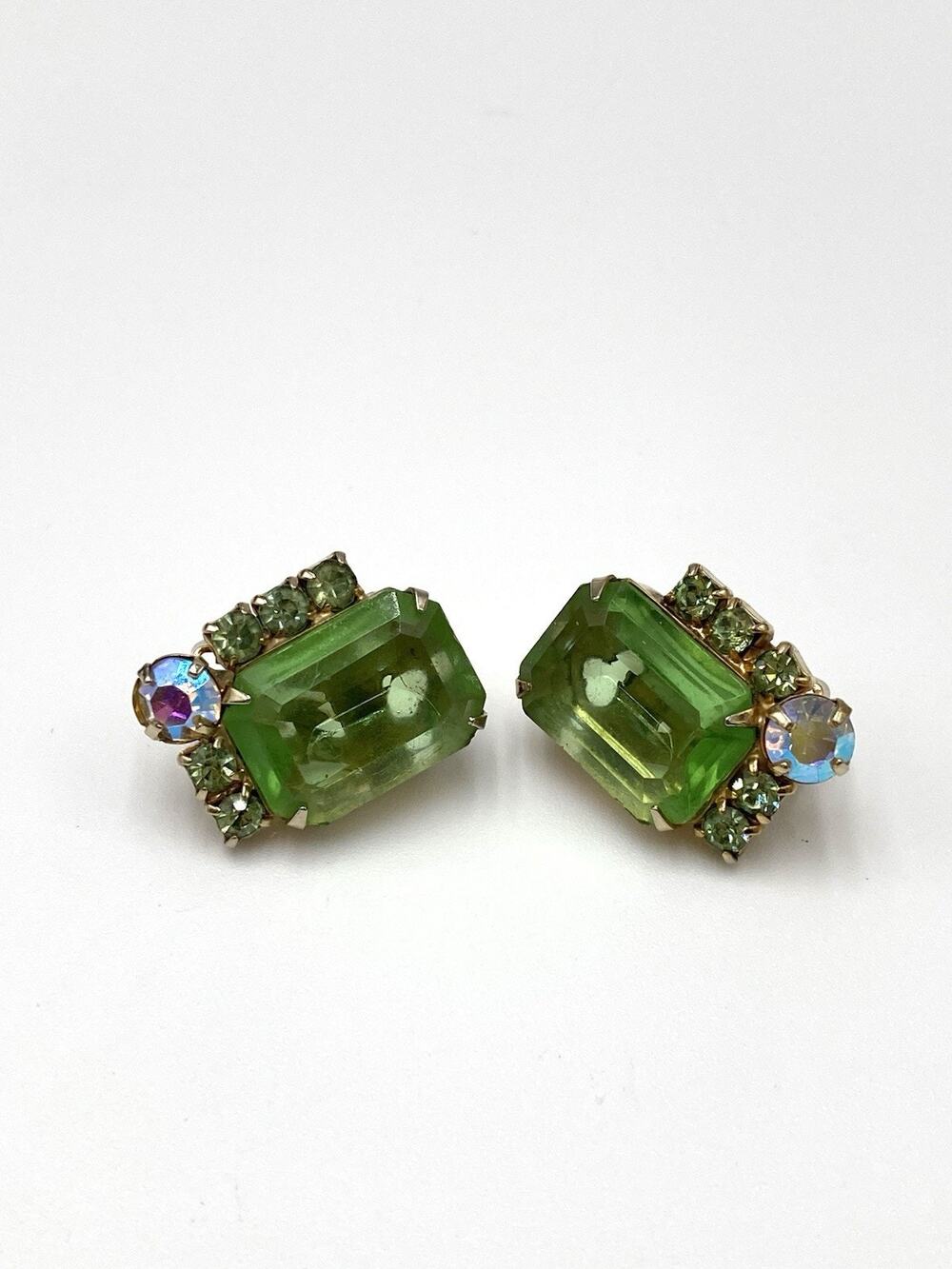 Vintage Clips Clip Ons Earrings Green Rectangle Crystals AB crystal Estate
